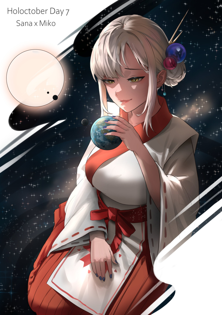 1girl, absurdres, bangs, blonde_hair, earth_(planet), hair_ornament, hakama, hakama_skirt