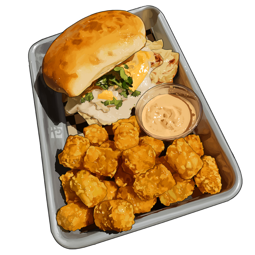 food, food_focus, no_humans, original, sandwich, sauce, still_life, studiolg, tater_tots, tray, watermark, white_background