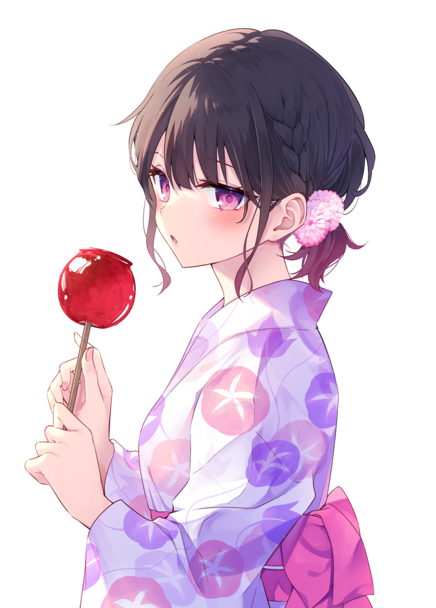1girl, bangs, black_hair, braid, candy_apple, floral_print, flower, food