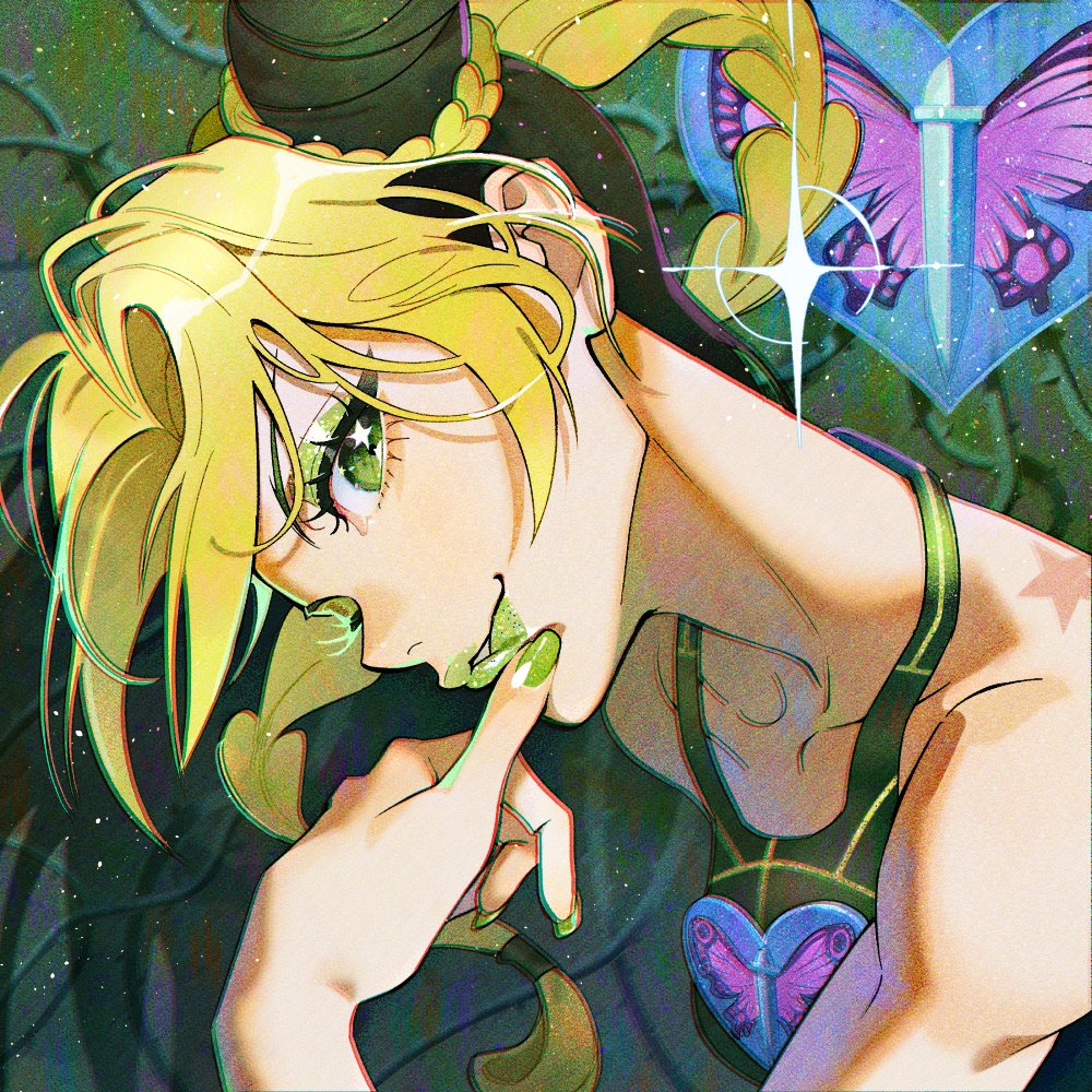 1girl, blonde_hair, braid, bug, butterfly, eyeshadow, green_background, green_eyes