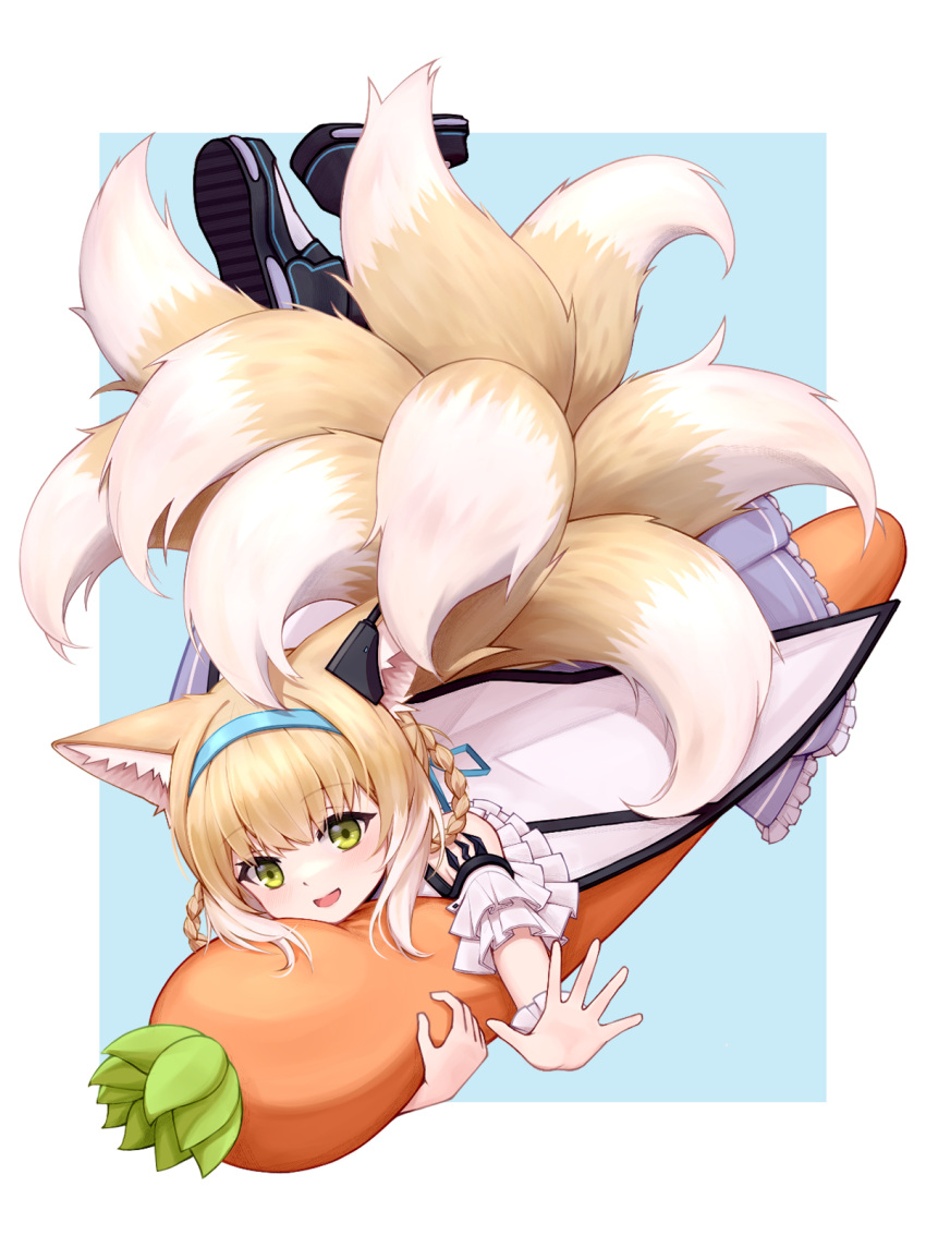 1girl, :d, animal_ears, arknights, bare_shoulders, black_footwear, blonde_hair, blue_background