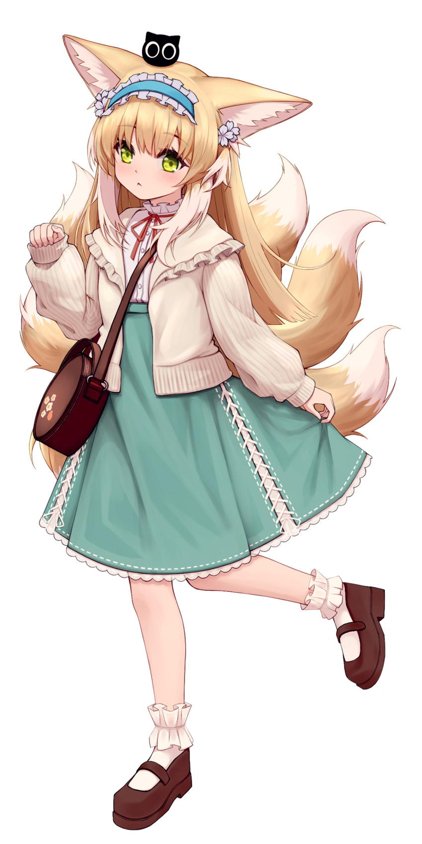 1girl, absurdres, animal_ear_fluff, animal_ears, arknights, bag, bangs, blonde_hair, blue_hairband, blue_sky, blush, brown_footwear, closed_mouth, crossover, fox_ears, fox_girl, fox_tail, frilled_hairband, frilled_socks, frills, full_body, green_eyes, hair_between_eyes, hairband, heixiu, highres, jacket, kitsune, long_sleeves, looking_at_viewer, lxjun_09, multicolored_hair, neck_ribbon, on_head, open_clothes, open_jacket, puffy_long_sleeves, puffy_sleeves, red_ribbon, ribbon, shirt, shoes, shoulder_bag, simple_background, sky, sleeves_past_wrists, socks, standing, standing_on_one_leg, suzuran_(arknights), suzuran_(spring_praise)_(arknights), tail, the_legend_of_luo_xiaohei, two-tone_hair, white_background, white_hair, white_jacket, white_shirt, white_socks