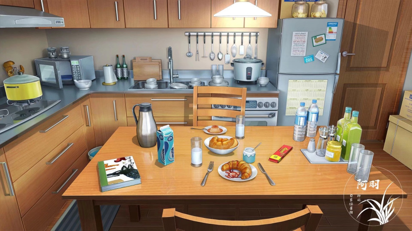 book, bottle, calendar_(object), candy, ceiling_light, chair, chocolate, chocolate_bar, croissant, cup, dining_room, dishes, food, highres, indoors, kitchen, microwave, milk, milk_carton, no_humans, original, plate, pudding, refrigerator, scenery, stove, table, utensil, xingzhi_lv
