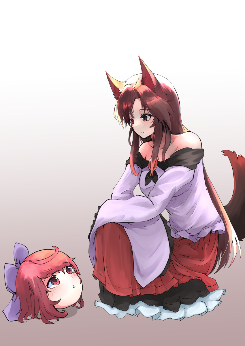 2girls, absurdres, animal_ears, bow, brooch, brown_hair, disembodied_head, dress