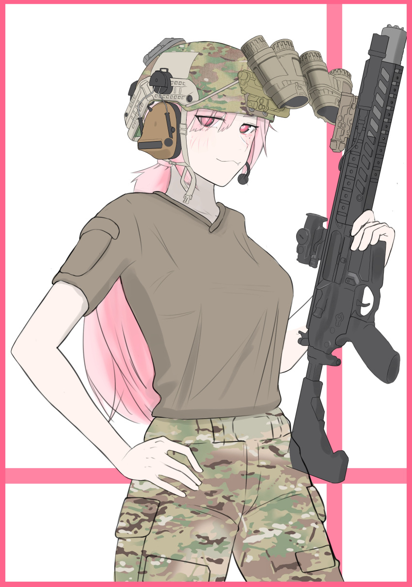 1girl, absurdres, bangs, breasts, brown_shirt, camouflage, camouflage_headwear, camouflage_pants
