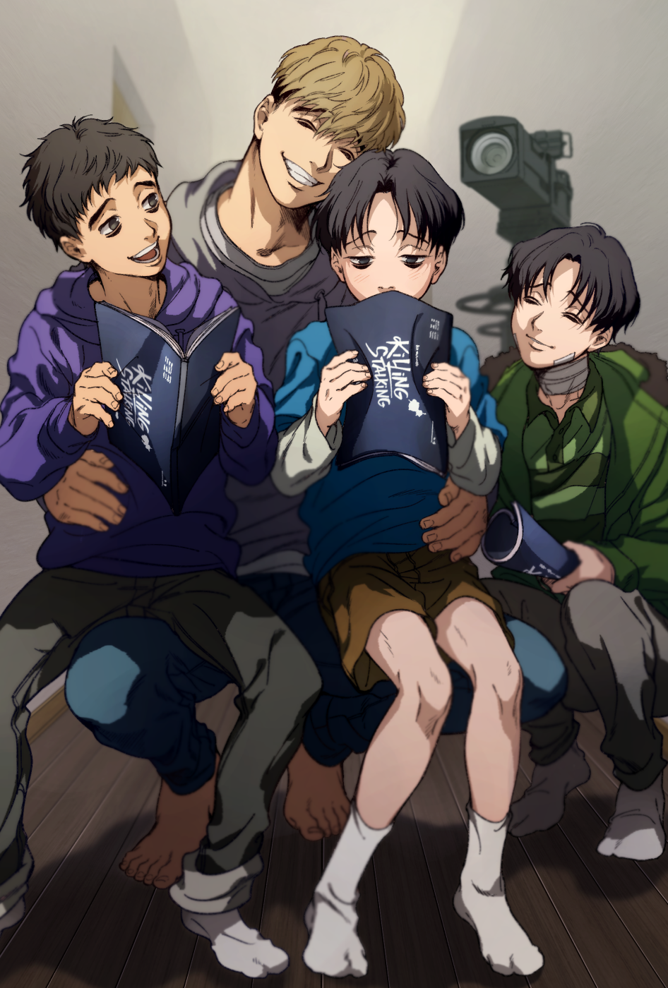 4boys, alternate_universe, backstage, black_hair, blue_shirt, book, brown_hair, camera