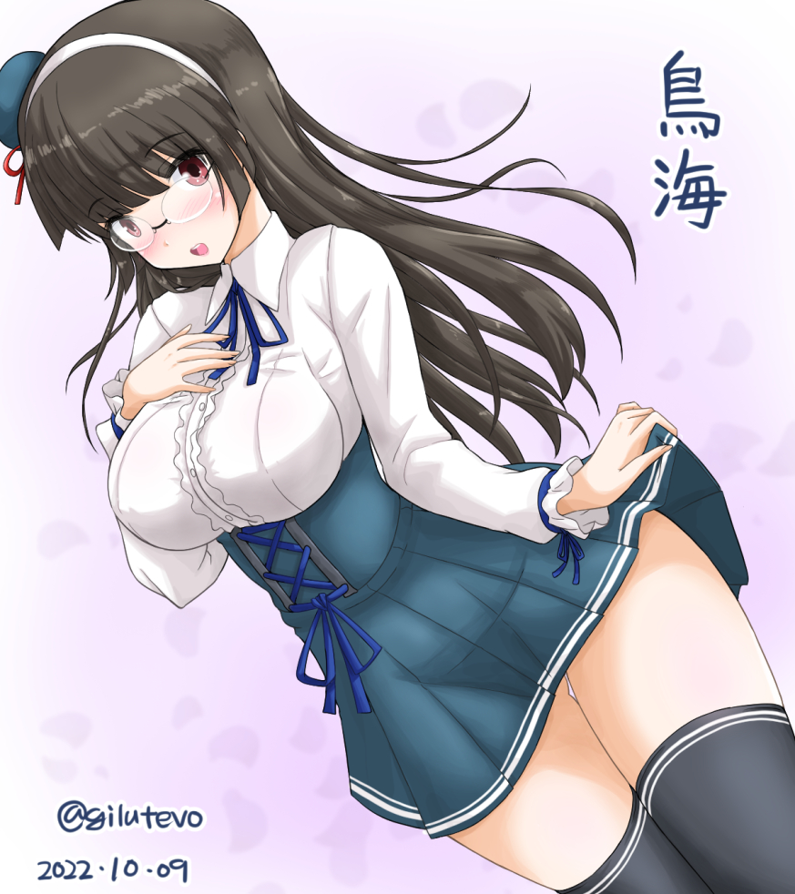 1girl, alternate_costume, aqua_headwear, beret, black_thighhighs, blue_ribbon, breasts, brown_hair