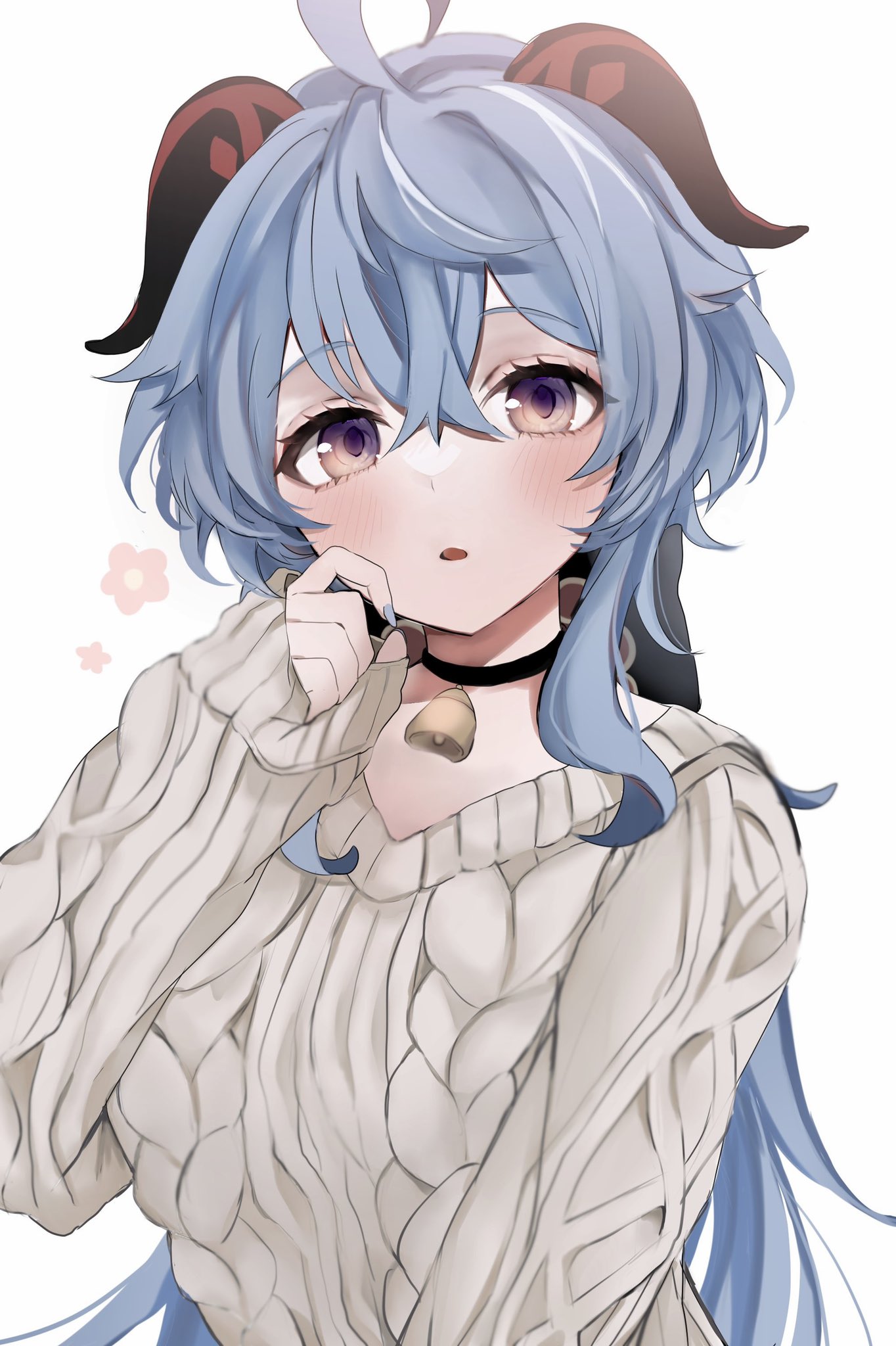 1girl, ahoge, bangs, bell, blue_hair, blue_nails, choker, flower