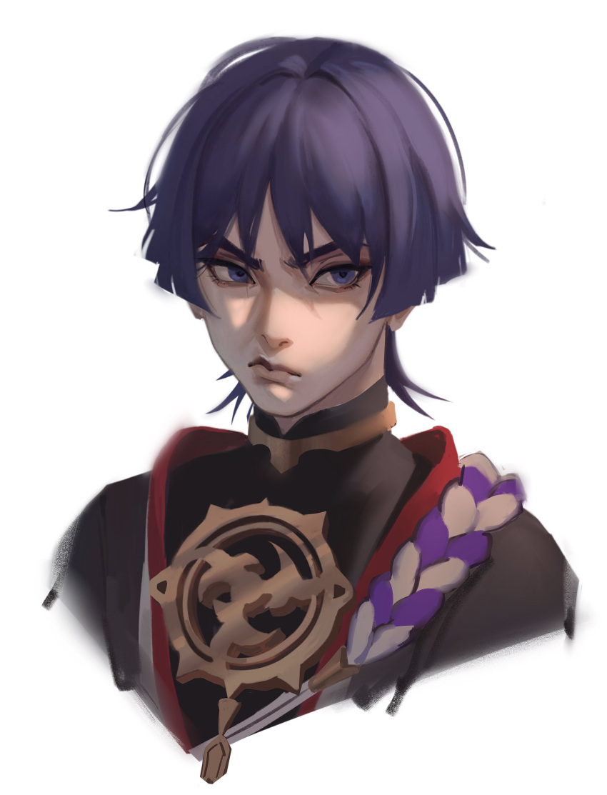 1boy, absurdres, bangs, blue_eyes, blue_hair, blunt_ends, genshin_impact, high_collar, highres, japanese_clothes, kudsnk, looking_to_the_side, male_focus, portrait, rope, scaramouche_(genshin_impact), scowl, short_hair, sketch, solo, v-shaped_eyebrows, white_background