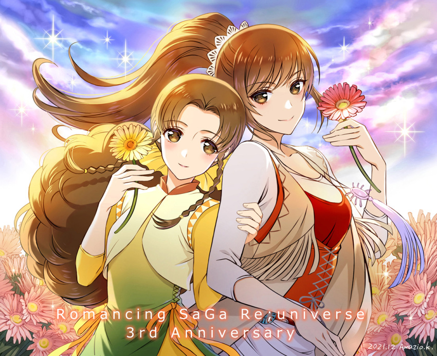 2girls, amazio_komeko, breasts, brown_eyes, brown_hair, closed_mouth, clouds, dress, ellen_carson, flower, jewelry, long_hair, looking_at_viewer, multiple_girls, necklace, ponytail, romancing_saga_3, romancing_saga_re;universe, saga, sara_(romancing_saga_3), smile, sparkle