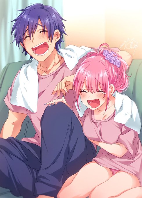 1boy, 1girl, bangs, bare_legs, bare_thighs, bent_knees, blue_hair, breasts, cleavage, closed_eyes, collarbone, curtains, eyebrows_visible_through_hair, eyelashes, fuufu_ijou_koibito_miman., hair_ornament, hair_ribbon, hand_on_another's_knee, hand_on_own_chest, indoors, laughing, laughing_together, medium_breasts, nail_polish, pants, pink_hair, pink_shirt, seiza, short_hair, sitting, sofa, tears, teenage, teeth, tongue, towel_around_neck, trousers, underwear, underwear_peek, wall, watanabe_akari, yakuin_jirou