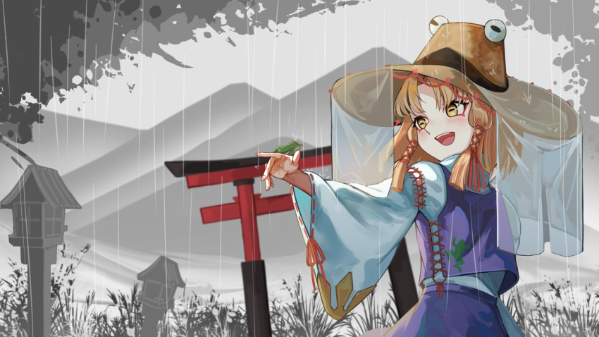 1girl, animal, animal_on_hand, animal_print, arm_at_side, bangs, blonde_hair, blunt_ends, blush, detached_sleeves, embellished_costume, frog, frog_print, grass, haido_(unisan), hair_ribbon, hat, horizontal_pupils, lantern, long_sleeves, looking_to_the_side, monochrome_background, moriya_suwako, mountain, open_mouth, parted_bangs, purple_skirt, purple_vest, rain, red_ribbon, ribbon, ribbon-trimmed_sleeves, ribbon_trim, short_hair, skirt, skirt_set, smile, solo, stitches, torii, touhou, tress_ribbon, turtleneck, upper_body, veil, vest, wide_sleeves, wooden_lantern, yellow_eyes