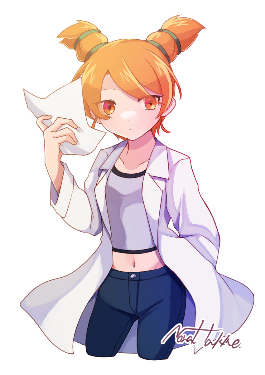 1girl, absurdres, breasts, closed_mouth, collarbone, denim, highres, jeans, labcoat, long_hair, looking_at_viewer, natsume_(saru_getchu), navel, orange_eyes, orange_hair, pants, paper, saru_getchu, short_twintails, simple_background, solo, supure647, twintails, white_background