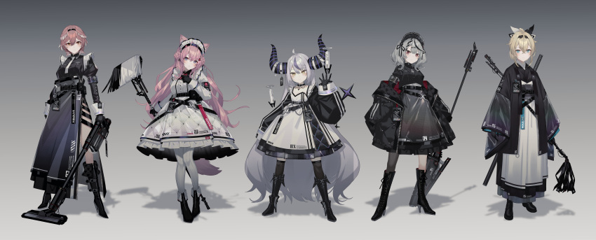 5girls, absurdly_long_hair, absurdres, ahoge, animal_ears, antenna_hair, apron, bangs