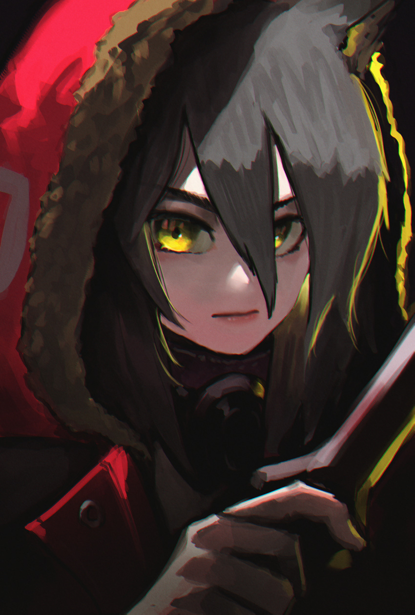 1girl, animal_ears, arknights, black_background, fur-trimmed_hood, fur_trim, hair_between_eyes, hand_up, highres, holding, holding_knife, hood, hood_up, hooded_jacket, jacket, knife, lips, looking_at_viewer, mask, mask_around_neck, portrait, projekt_red_(arknights), reze_(rewindze), simple_background, solo, v-shaped_eyebrows, wolf_ears, wolf_girl, yellow_eyes