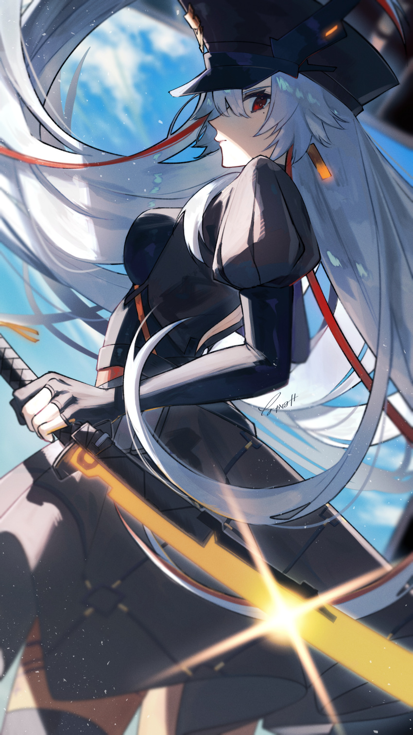 1girl, black_dress, blue_sky, blurry, blurry_background, blurry_foreground, breasts, claudia_(tower_of_fantasy)