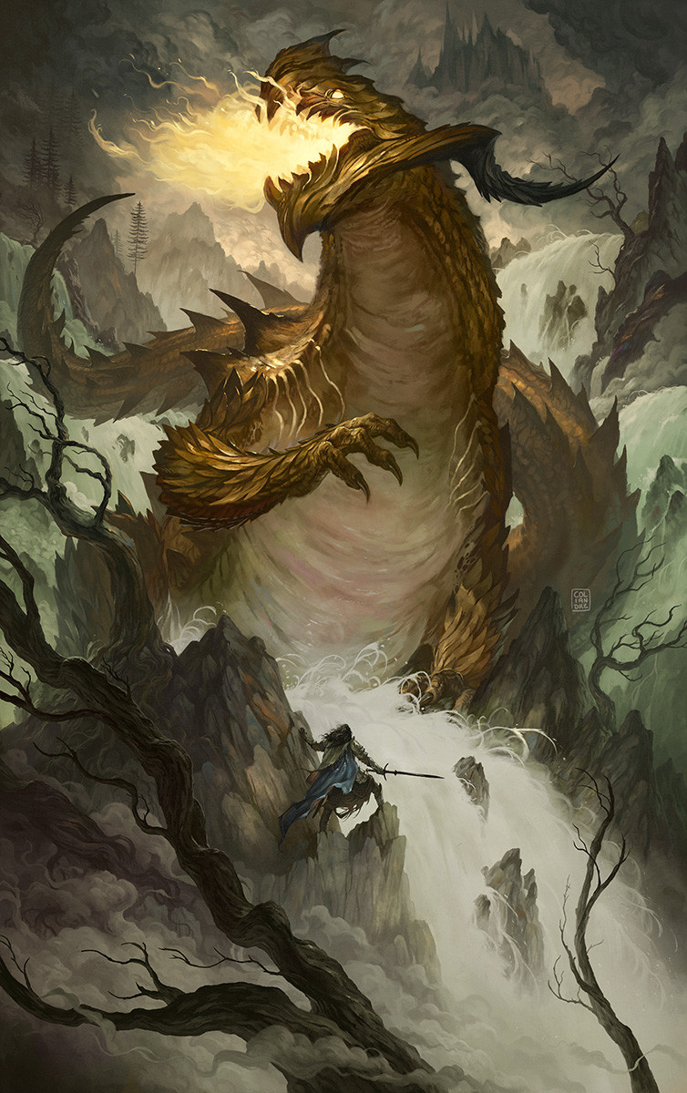 1boy, black_hair, breathing_fire, climbing, coliandre, dragon, fire, from_behind, glaurung, glowing, glowing_eyes, highres, holding, holding_sword, holding_weapon, horns, knight, long_hair, mountain, outdoors, scales, sword, tail, tolkien's_legendarium, tree, turin, water, weapon, xavier_collette