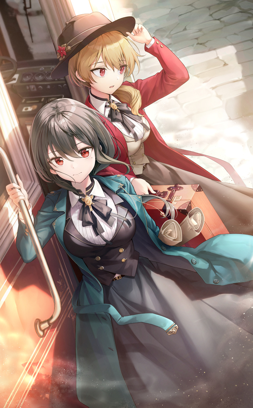 0v0_(l_seohui), 2girls, absurdres, bag, bangs, black_skirt, black_vest, blonde_hair