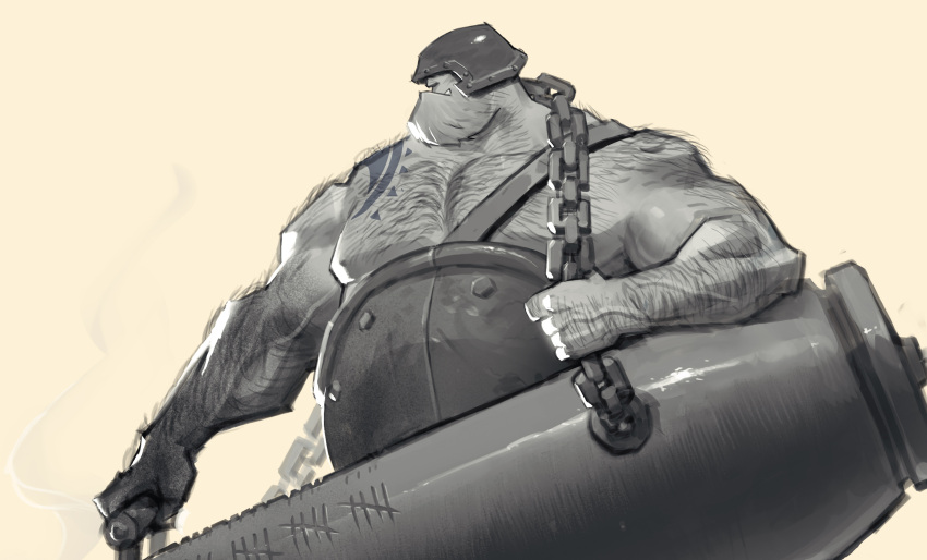1boy, absurdres, arm_hair, armor, brown_background, chest_hair, den_(denwhat), fang
