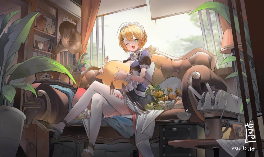 1girl, absurdres, ahoge, apron, azaz008, azur_lane, bird, blonde_hair, cannon, chick, couch, crossed_legs, enmaided, flower, frilled_apron, frills, hair_ornament, highres, huge_ahoge, maid, maid_headdress, manjuu_(azur_lane), musical_note, musical_note_hair_ornament, official_alternate_costume, one_eye_closed, phonograph, plant, potted_plant, rigging, short_hair, sitting, southampton_(afternoon_impromptu)_(azur_lane), southampton_(azur_lane), thigh-highs, white_garter_straps, white_thighhighs, wrist_cuffs, x_hair_ornament, yellow_eyes