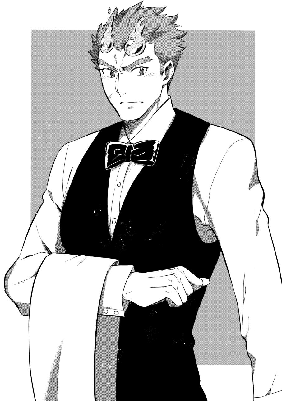 1boy, blush, border, bow, bowtie, collared_shirt, fiery_hair, fire