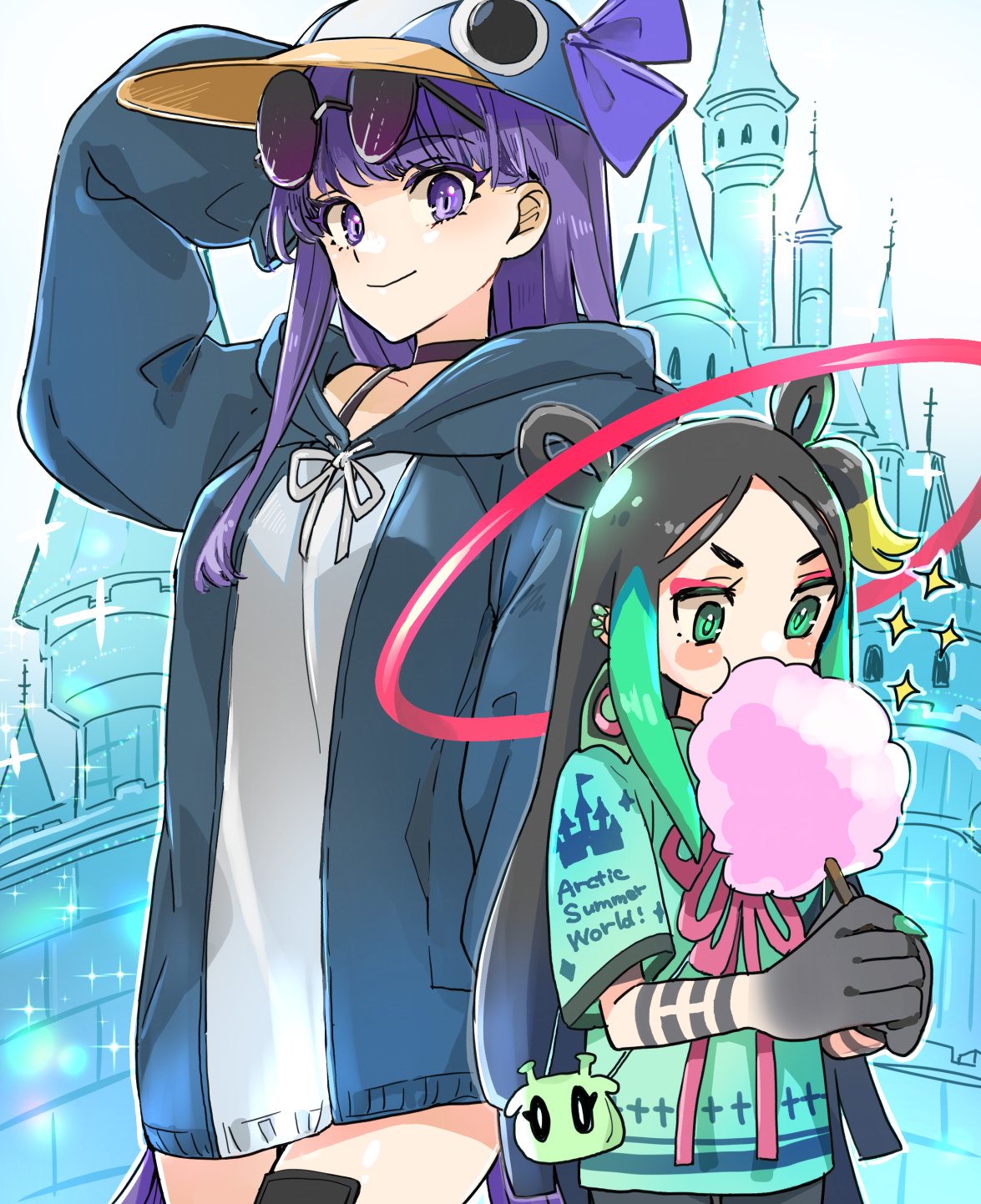 1boy, 1girl, adapted_costume, black_choker, black_hair, castle, choker, cotton_candy