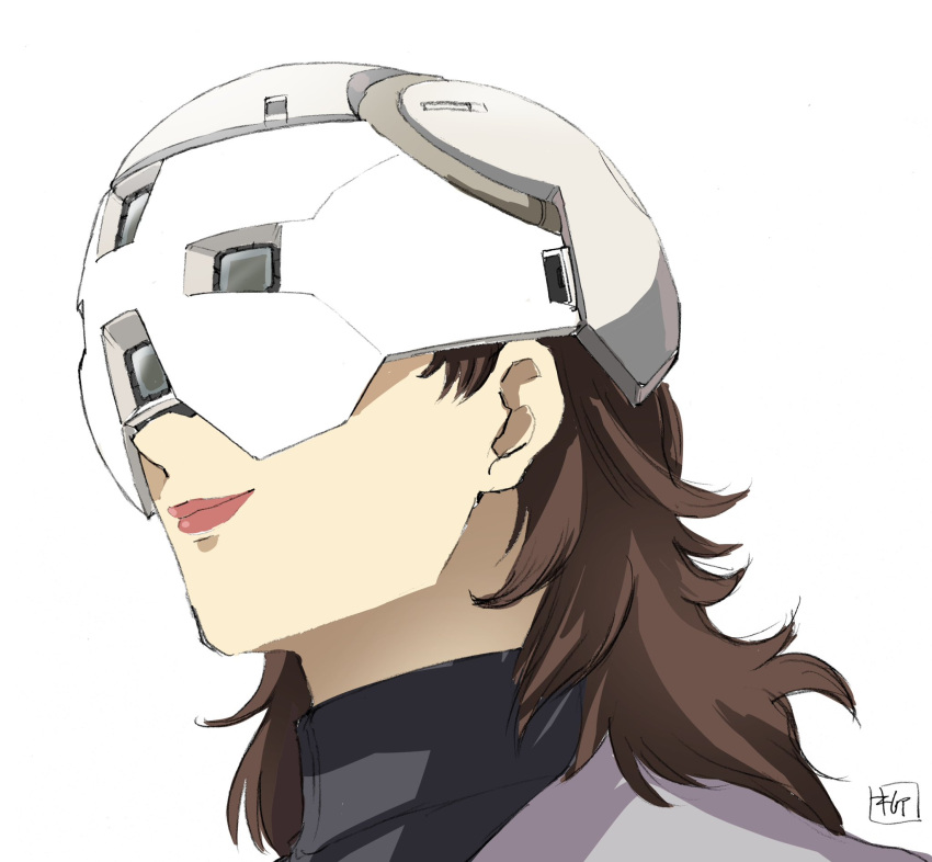 1girl, brown_hair, close-up, commentary, gundam, gundam_suisei_no_majo, helmet, highres, long_hair, mask, official_art, prospera_(gundam), signature, smile, solo, wavy_hair, white_background, yanase_takayuki