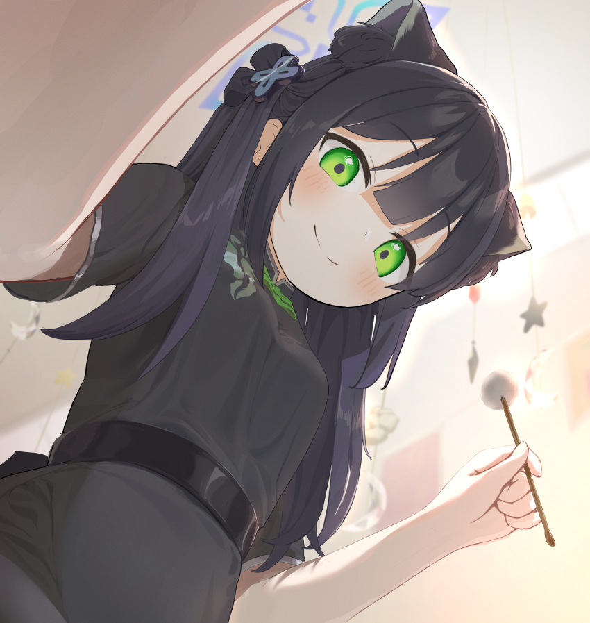 1girl, absurdres, animal_ear_fluff, animal_ears, bangs, black_dress, black_hair, blue_archive
