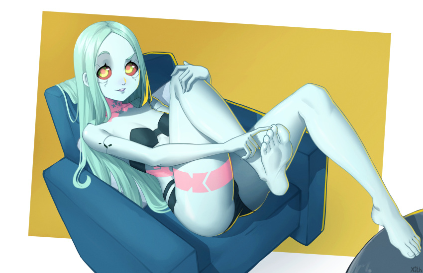1girl, absurdres, artificial_eye, ass, black_bra, bra, breasts, colored_sclera