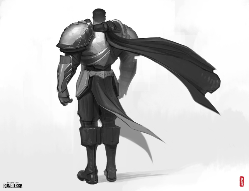 1boy, absurdres, armor, artist_name, boots, breastplate, cape, den_(denwhat)