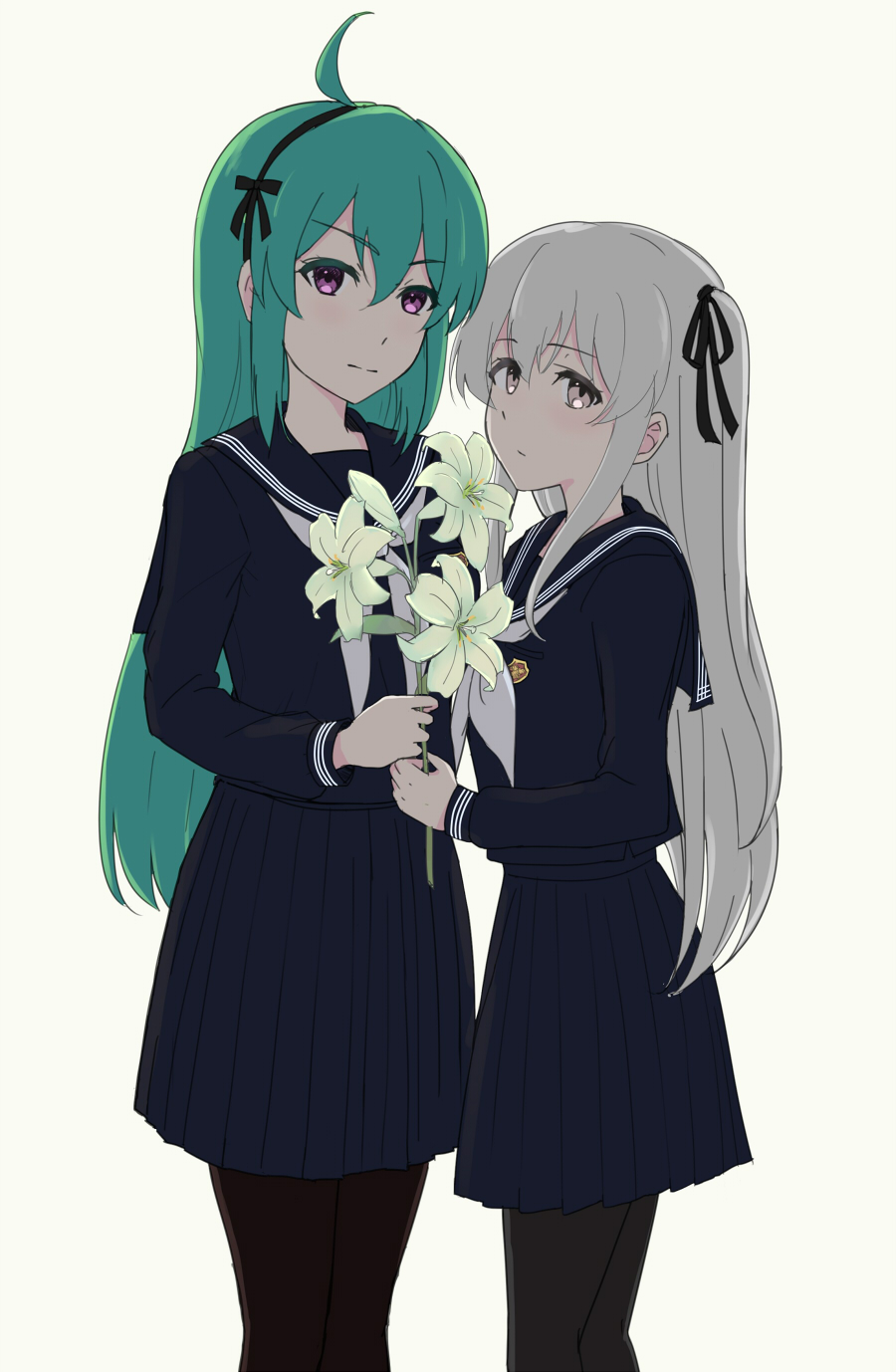 2girls, ahoge, assault_lily, bangs, black_hairband, black_pantyhose, black_ribbon, black_sailor_collar