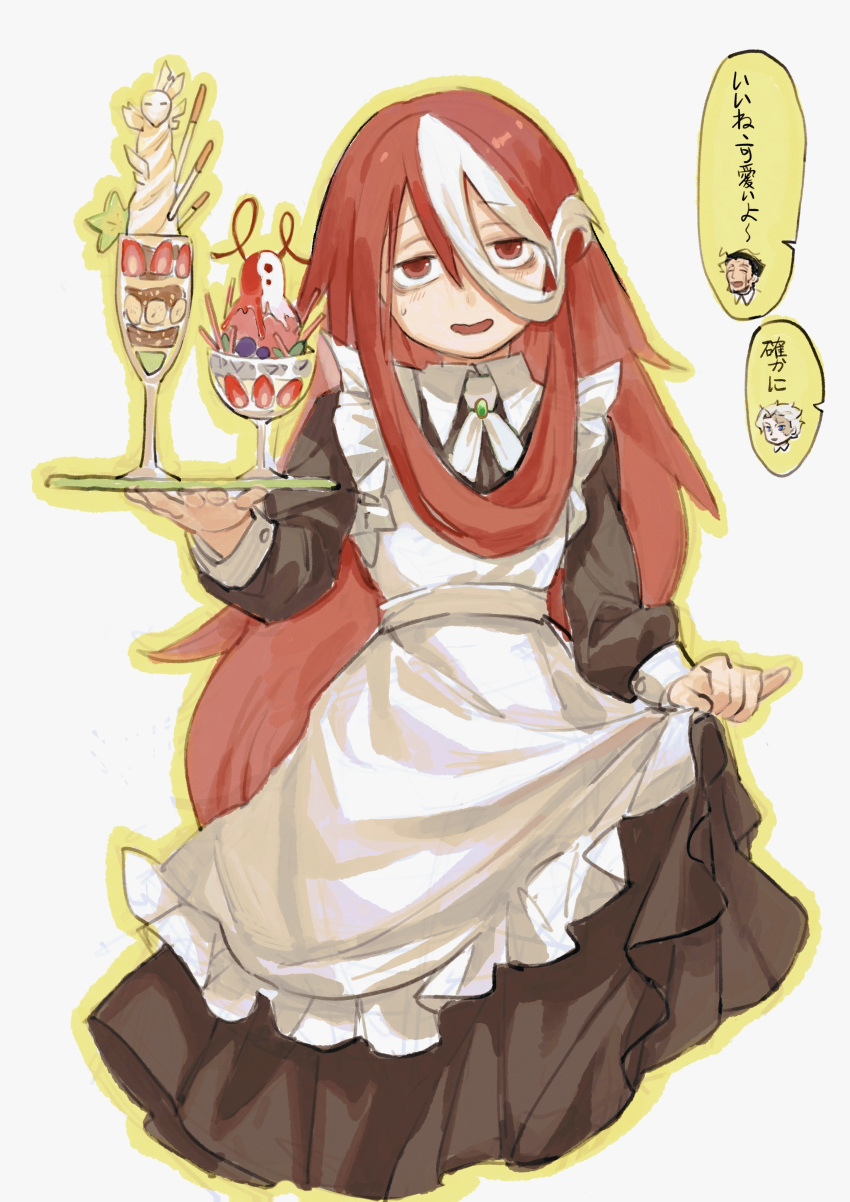 1girl, 2boys, ^_^, absurdres, alternate_costume, apron, bags_under_eyes, banana