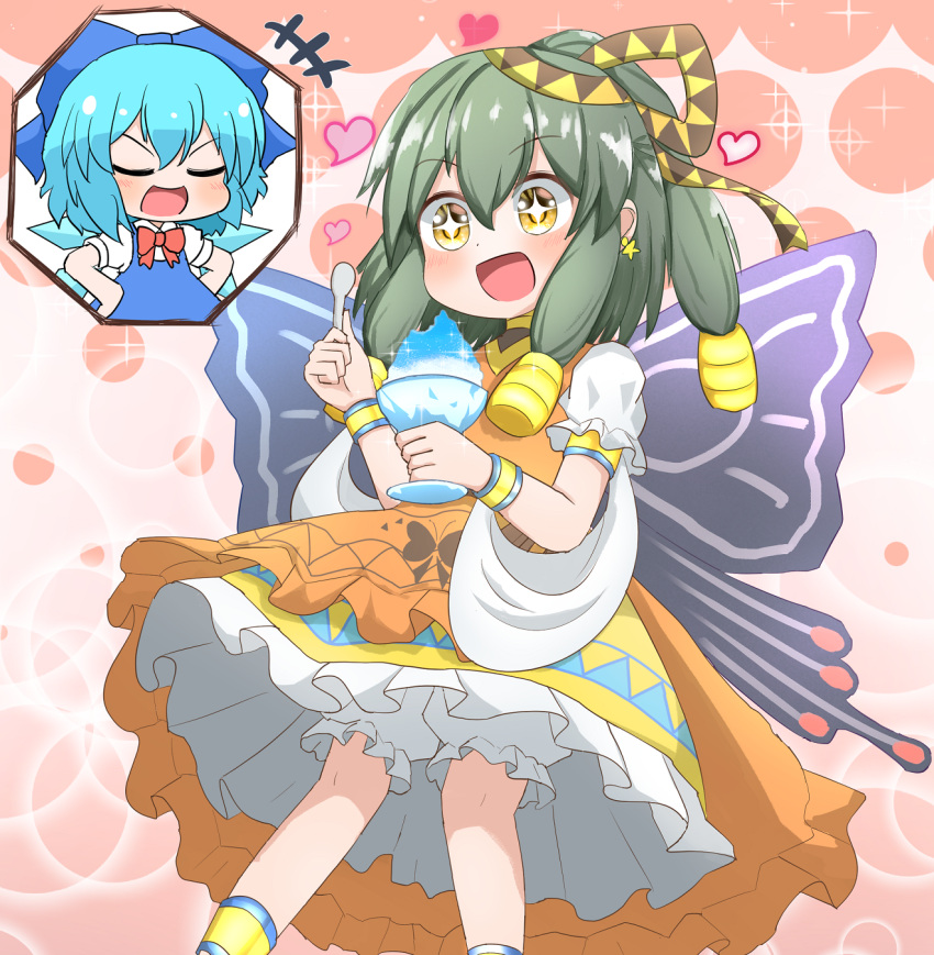 2girls, :d, bloomers, blue_dress, blue_ribbon, butterfly_wings, chibi, cirno