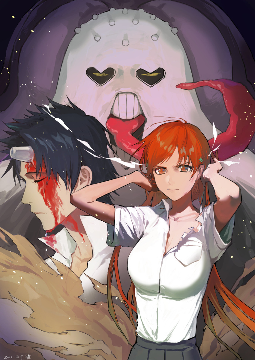 2girls, absurdres, arisawa_tatsuki, black_hair, bleach, blood, blood_on_face, closed_eyes