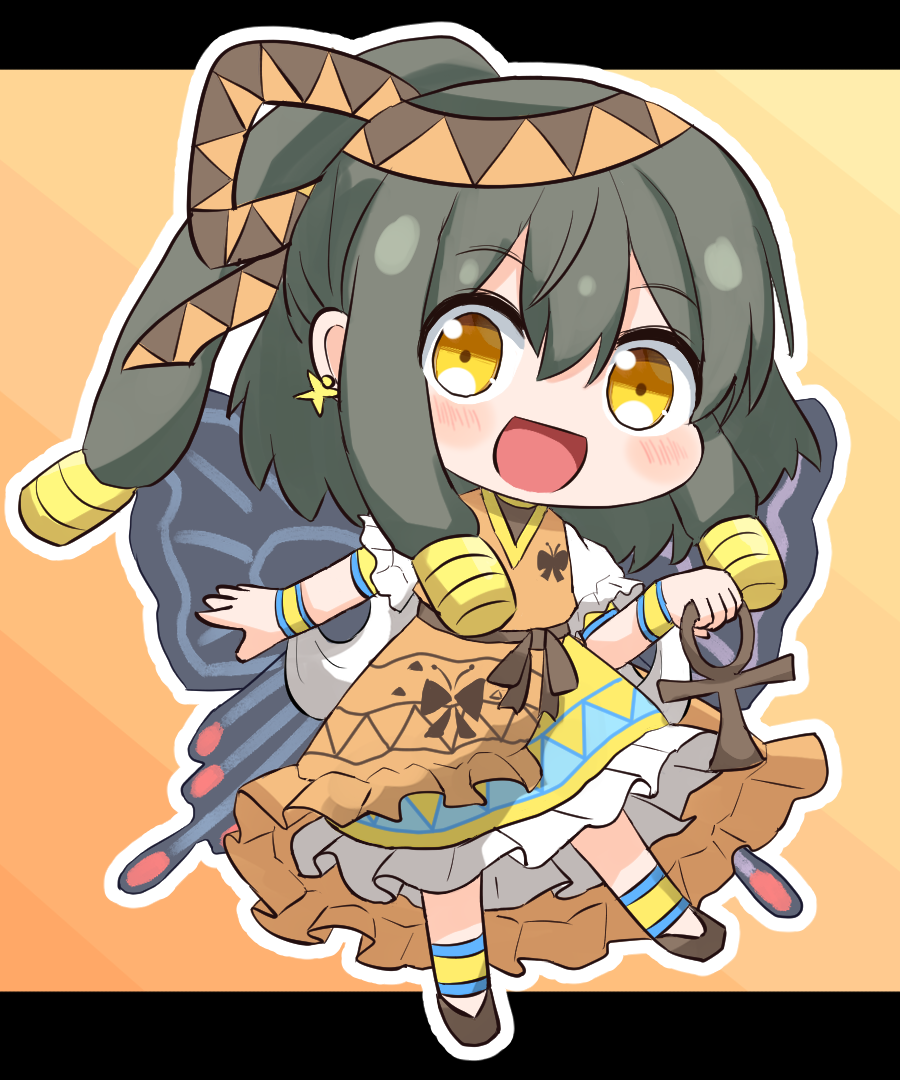 1girl, :d, animal_print, ankh, butterfly_print, butterfly_wings, chibi, commentary_request