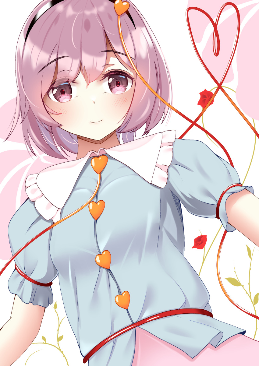 1girl, absurdres, blouse, blue_shirt, frilled_sleeves, frills, hair_ornament, hairband