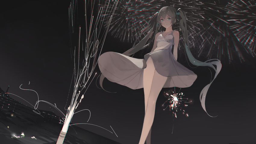1girl, absurdres, aqua_eyes, aqua_hair, aqua_ribbon, arms_behind_back, bare_arms, bare_legs