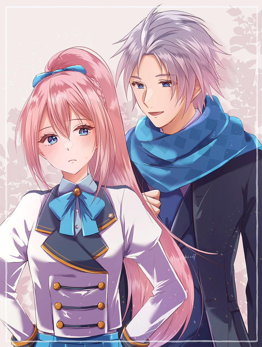 1boy, 1girl, alphen_(tales), bangs, black_coat, black_vest, blue_bow, blue_bowtie