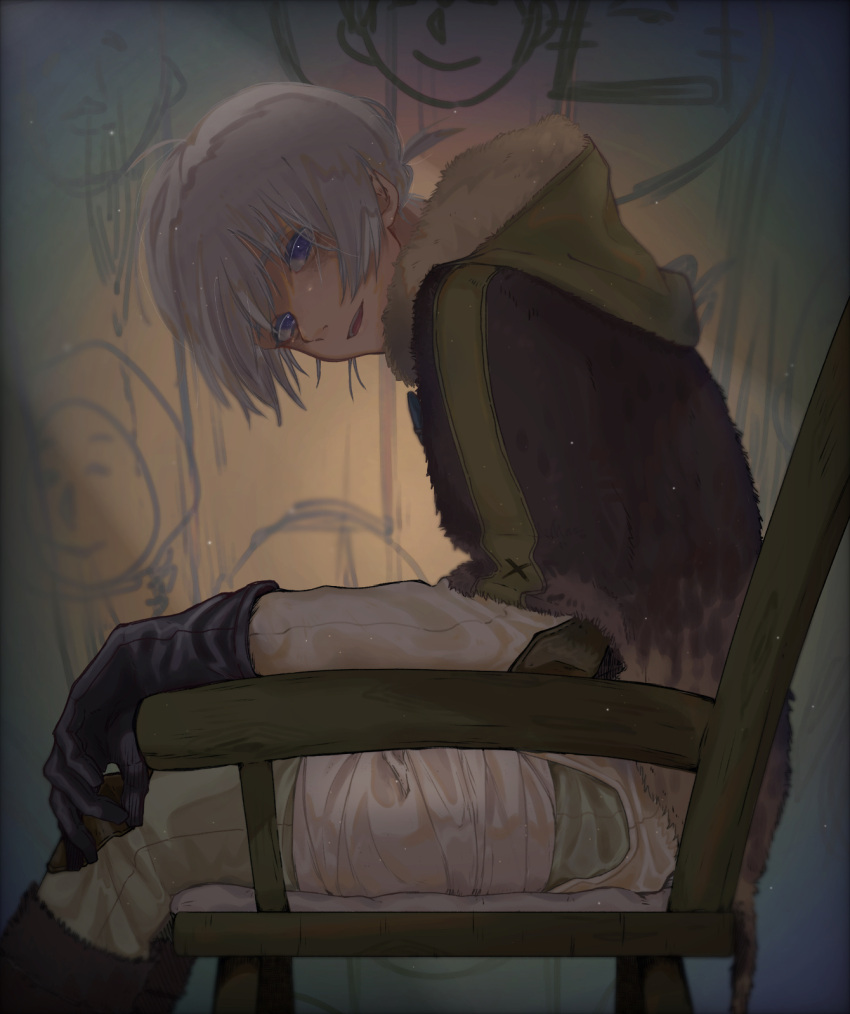 1boy, bandaged_leg, bandages, black_gloves, brown_coat, coat, from_side, fumetsu_no_anata_e, fushi, gloves, grey_hair, grey_pants, highres, hood, hood_down, kurin_min, looking_at_viewer, open_mouth, pants, short_hair, sitting, solo, violet_eyes