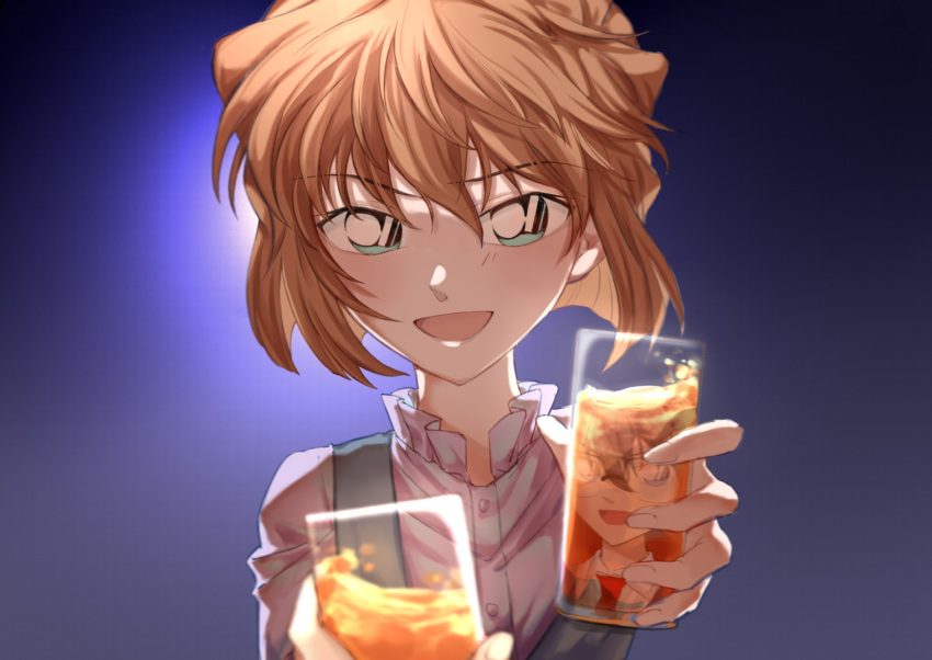 1girl, :d, bangs, brown_hair, cup, dress_shirt, edogawa_conan, green_eyes