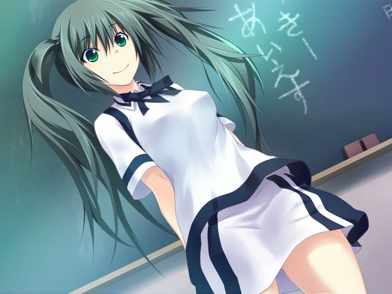 1girl, arms_behind_back, bangs, chalkboard, character_name, closed_mouth, collared_shirt, cookie_4is