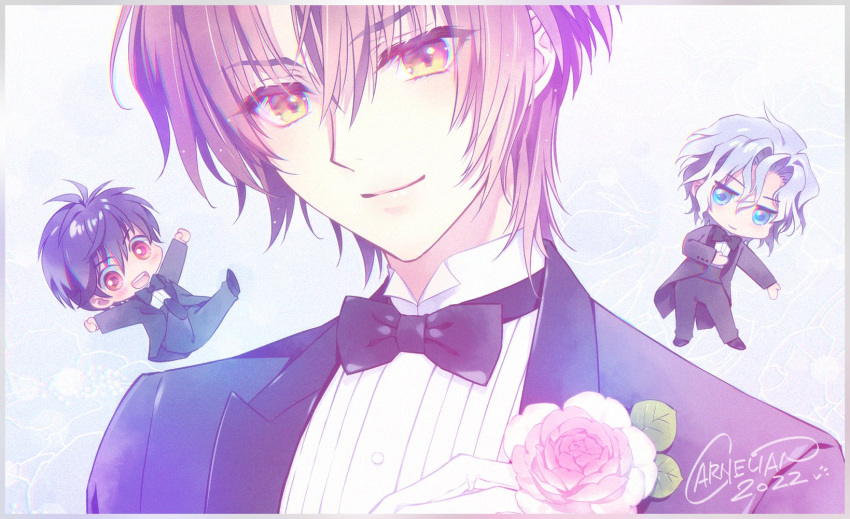3boys, black_bow, black_bowtie, black_hair, black_pants, black_suit, blue_eyes, blush