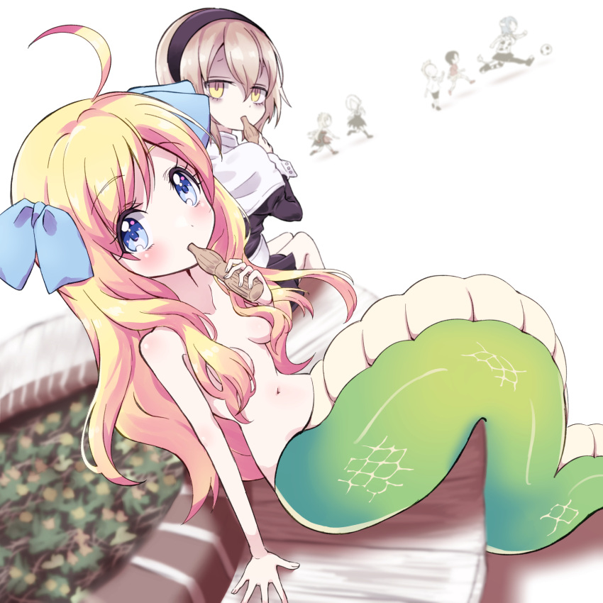 2boys, 5girls, ahoge, ball, blonde_hair, blue_eyes, blush, breasts