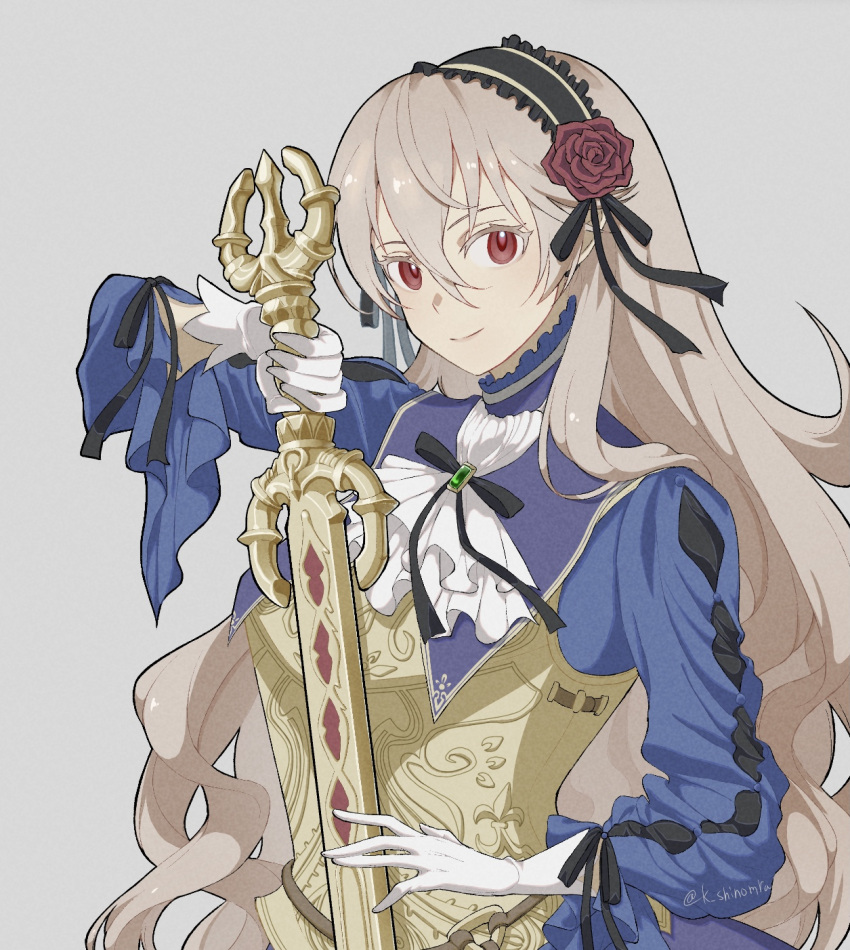 1girl, ascot, bangs, black_hairband, black_ribbon, blue_shirt, bustier, closed_mouth