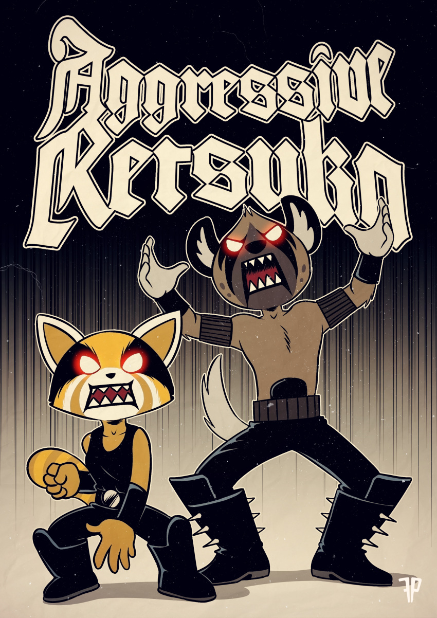 1boy, 1girl, absurdres, aggressive_retsuko, animal_ears, animal_nose, armband, arms_up