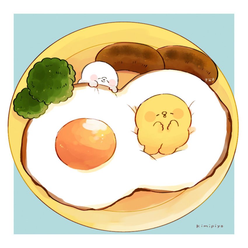 2others, aqua_background, artist_name, bird, blush_stickers, border, broccoli, character_name