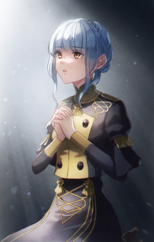 1girl, bangs, blue_hair, blunt_bangs, braid, brightblueeden, brown_eyes, buttons, closed_mouth, commentary, crown_braid, fire_emblem, fire_emblem:_three_houses, garreg_mach_monastery_uniform, long_sleeves, looking_away, marianne_von_edmund, own_hands_together, short_hair, sidelocks, solo, uniform