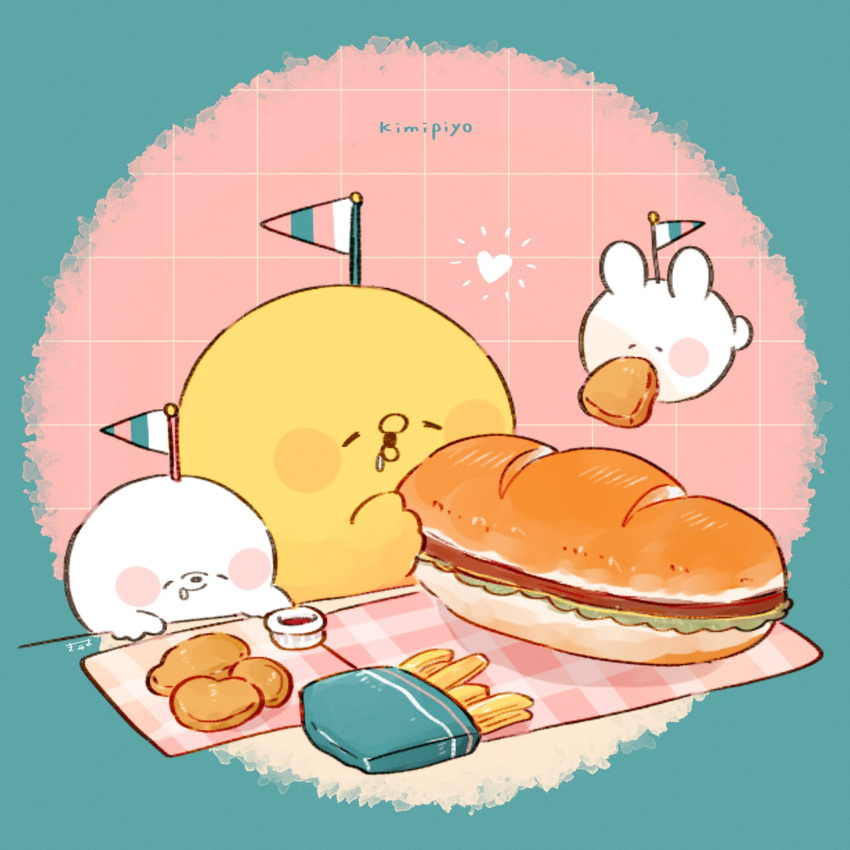 3others, aqua_border, artist_name, bird, blush_stickers, character_name, chick, chicken