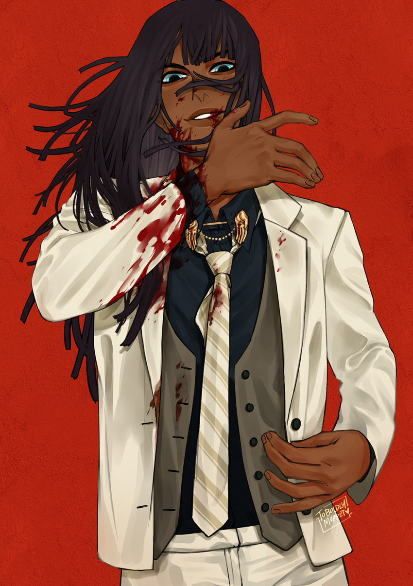 1girl, alternate_costume, androgynous, artist_name, bangs, black_hair, blood, blood_on_clothes