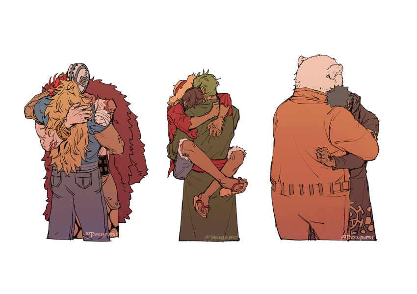 6+boys, amputee, animal_ears, arm_around_back, arm_around_neck, bandaged_arm, bandages, bear_ears